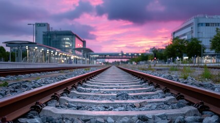 Fototapeta premium Dramatic Railway Tracks Perspective Under Vibrant Sunset Skies with Building Backdrops