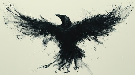 Flying Black Bird Silhouette with Splatter Paint Background