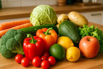 Fresh Organic Vegetables and Fruits on Kitchen Counter