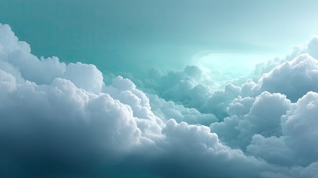 Dramatic Sky with Cumulus Clouds in Turquoise and White Colors Sunlight Bursting Through Atmospheric Weather Phenomenon Dreamy and Ethereal Cloudscape Abstract Background
