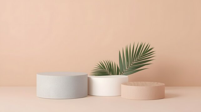 Minimalist composition with three modern cylindrical podiums in gray, white, and terracotta colors, decorated with green palm leaves on pastel background for product display