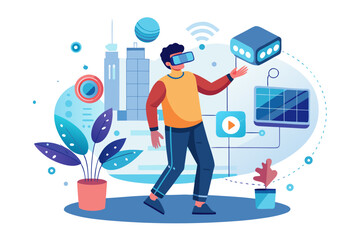 Vector flat illustration showing a man giving a star rating to an AI chatbot on a digital interface. Perfect for concepts related to customer feedback, online reviews, chatbot interaction, user satisf