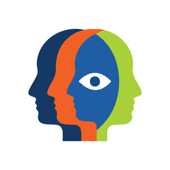 Diverse Minds, Shared Focus. Abstract human silhouettes representing varied viewpoints and collaborative understanding, with a central eye symbolizing insight and perception.