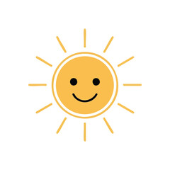 Happy Smiling Sun Cartoon Icon. Bright yellow orb with a cheerful facial expression, radiating pure joy and warmth. This simple symbol embodies optimism, good vibes, and positivity.