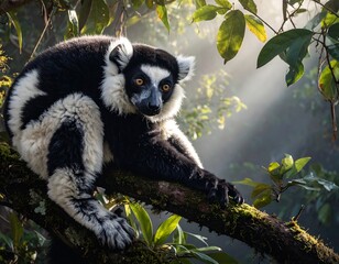 Obraz premium Black and white lemur on branch in sunlight