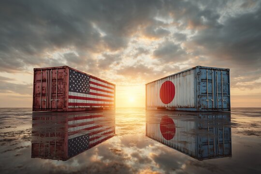 Two shipping containers with the American and Japanese flags on reflective surface against dramatic sky. Concept for international trade, import-export business and global logistics challenges - Powered by Adobe