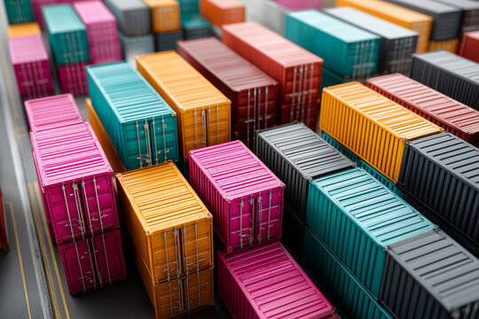 Large aerial view of colorful shipping containers stacked in rows at a port, logistics and trade concept, vibrant colors, industrial background, high detail