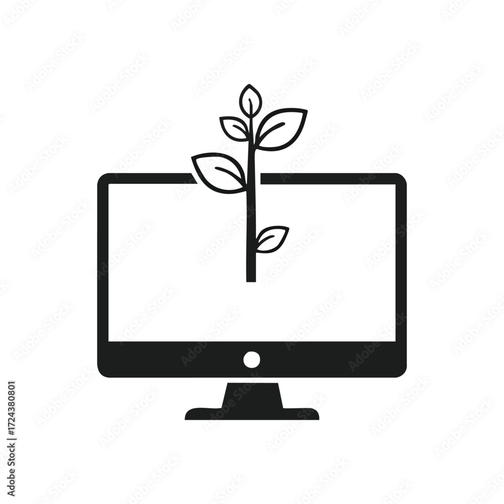 Poster green tech digital growth. an emblem portraying a sprout emerging from a screen, signifying harmonio