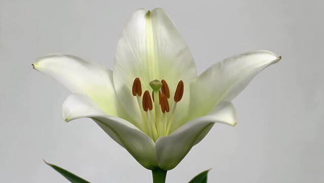 The initial flowering stage of pristine white flower of the Lilium genus against plain white backdrop, specifically of the species Zephyranthes candida