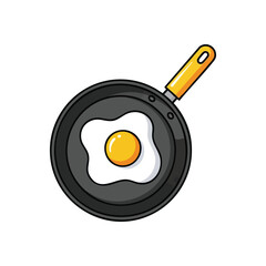 Cooked Egg in Frying Pan Cartoon. A vibrant, freshly prepared sunny side up rests in a hot skillet, symbolizing a healthy start and home cooked breakfast meal.