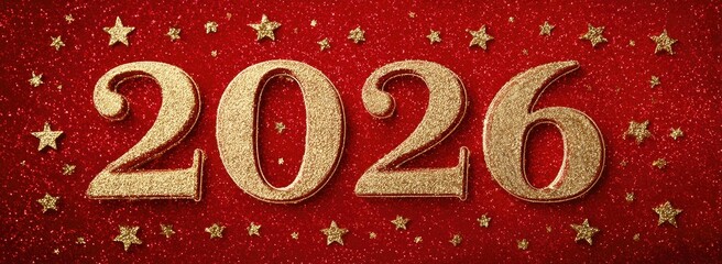 Gold numbers 2026 on red glitter background with stars