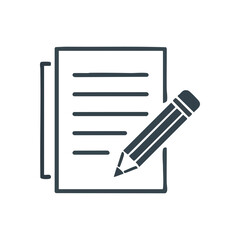 Note Taking and Writing Symbol. This clean outline depicts a sheet of paper alongside a pencil. It conveys processes like composition, review, learning, and productivity.