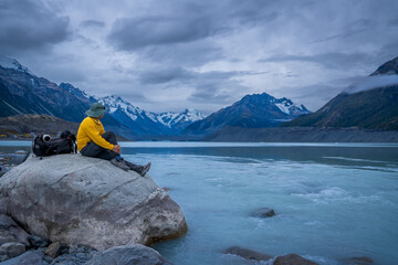 trekking rout where we can see turquoise lake ,snow cap mountain , Glacier ,iceberg ,beautiful Aoraki mt. Cook Hooker Valley track and Tasman lake glacier South Island New Zealand 