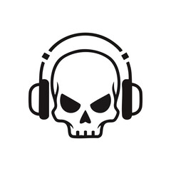 Edgy Skull Wearing Headset Icon. A stylish cranium graphic featuring audio devices. This bold symbol represents intense sound, rebellious spirit, cool vibes, and a dangerous attitude.