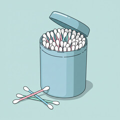 An open light blue container filled with pastel-colored cotton swabs, with three swabs lying in front.