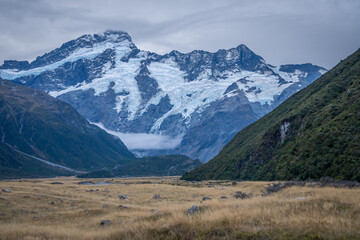 trekking rout where we can see turquoise lake ,snow cap mountain , Glacier ,iceberg ,beautiful Aoraki mt. Cook Hooker Valley track and Tasman lake glacier South Island New Zealand 