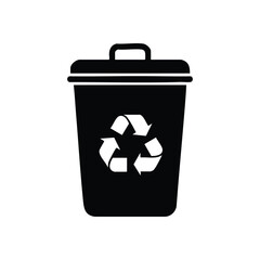 Black Recycling Bin Icon Vector. A clear illustration of a refuse container featuring a reuse emblem. This imagery symbolizes ecological awareness and sustainable waste management.