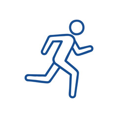 Running Man Icon. A simple blue outline graphic depicts a person in vigorous motion, symbolizing energy, fitness, and progress. This active silhouette evokes health and urgency.