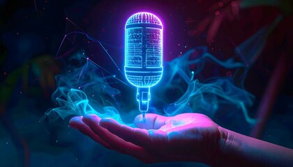 Futuristic Neon Microphone Hologram Held in Hand Digital Voice Technology Concept AI Audio Capture