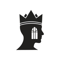 Crowned Mind Inner Insight View. This graphic portrays a regal individual's profile containing a framed opening. It represents self-reflection, restricted outlook, or profound cerebral awareness.
