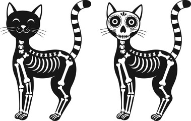 Day of the Dead Cat Skeleton Vector, Halloween Dia de los Muertos Illustration, Cute Black Cat Clipart for Holiday and Decoration Designs