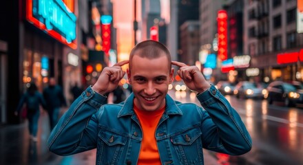Obraz premium Young caucasian man smiling with short hair against blurred city lights. Male in blue denim jacket showing shaved head hair. Hair beauty.