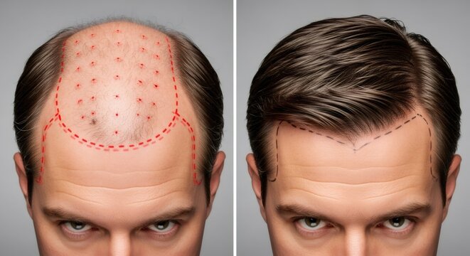 Man before and after hair transplant procedure. Hair restoration marked zones. Solution for baldness and hair loss.