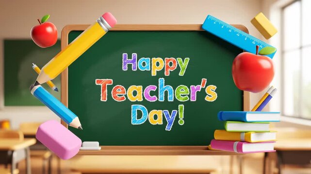A colorful chalkboard with 'Happy Teacher's Day' text, surrounded by school supplies and apples.
