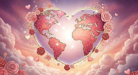 Romantic world globe shaped heart with flowers and pink sky background
