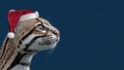 Close-up of a spotted cat wearing a Santa hat