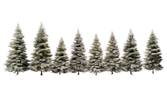 A row of flocked pine trees isolated on transparent background