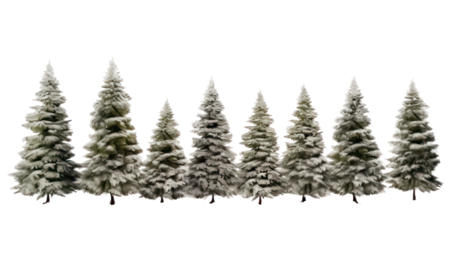 A row of flocked pine trees isolated on transparent background
