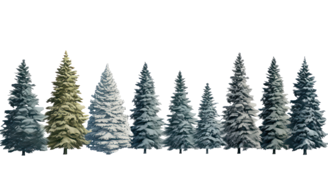 Collection of stylized evergreen trees with snow isolated on transparent background