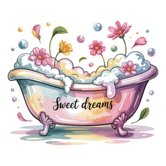 Naklejka premium kawaii pastel bathtub filled with bubbles and flower petals, watercolor clipart, cozy spa vibes, transparent background