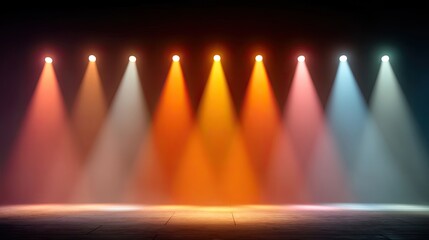 Dramatic Stage Lighting with Glowing Spotlights and Ethereal Haze on Dark Background