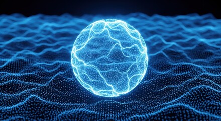 Glowing Blue Orb Hovering Over Digital Particle Waves Abstract sphere