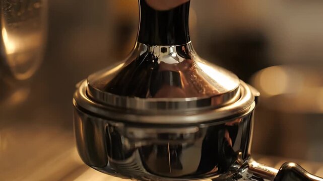 barista tamps fresh ground coffee in espresso portafilter