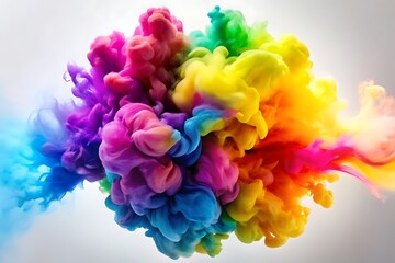 Vibrant rainbow watercolor explosion with pink blue yellow orange and green splashes isolated on a transparent background