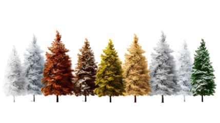 Collection of colorful artificial christmas trees isolated on transparent background