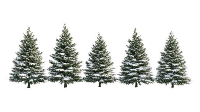 Row of snow covered pine trees isolated on transparent background