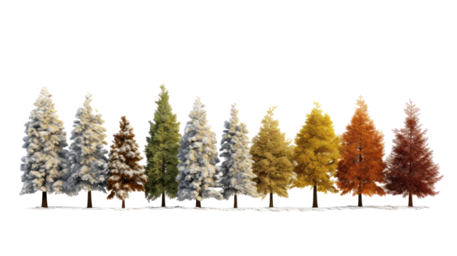 Collection of colorful stylized christmas trees isolated on transparent background