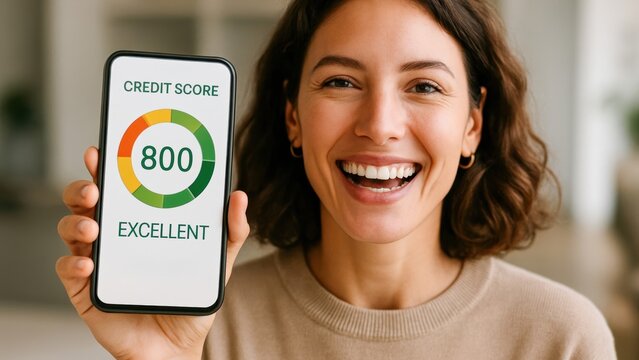 Ai in credit scoring shown on smartphone with happy woman smiling and excellent score displayed in modern home interior - Powered by Adobe