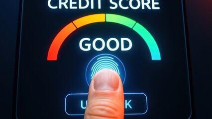 Credit scoring ai system interface shows good credit score with fingerprint unlock and digital display for secure access