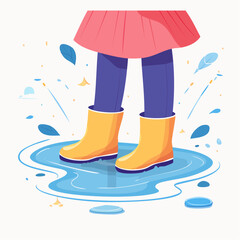 Child Playing in Puddle Wearing Yellow Rain Boots