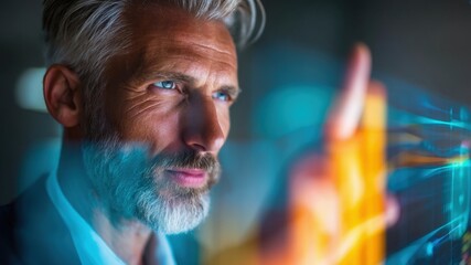 Ai in credit scoring technology with confident mature man using futuristic digital interface for financial analysis