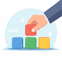 Hand Placing Red Block on Stack of Colored Cubes