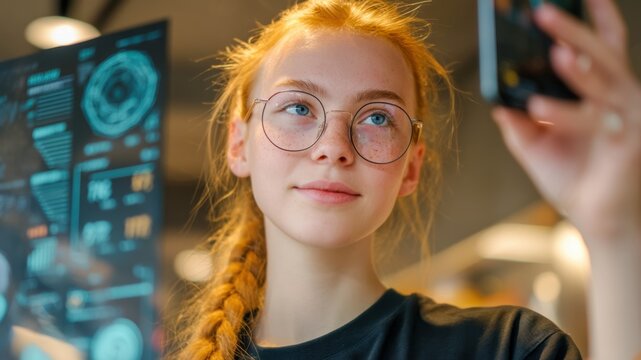 Young woman with glasses interacts with ai in credit scoring technology interface, displaying curiosity and focus in modern environment