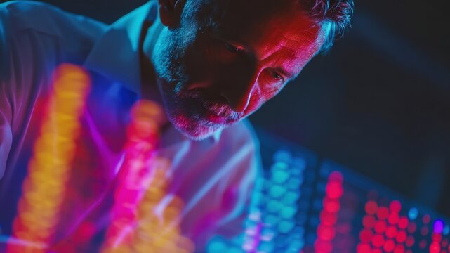 Businessman analyzing ai in credit scoring data with colorful digital chart reflecting on face, focused expression, modern technology