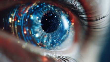 Ai in credit scoring technology reflected in human eye with futuristic digital interface and glowing data visualization