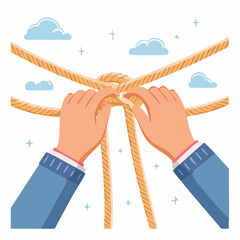 Hands Tying Knots in Beige Ropes Against a Light Blue Sky